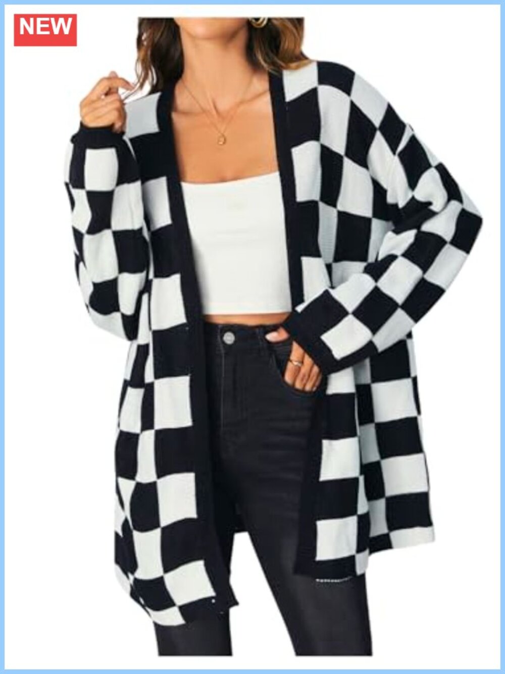 Oversized Checkered Cardigan Sweater Long Sleeve Open Front Plaid Knit